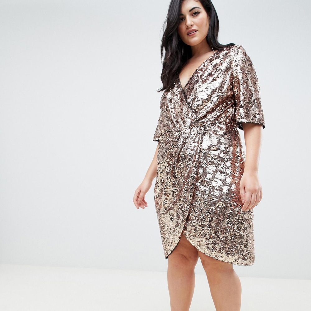 TFNC Plus Sequin Kimono Sleeve Wrap Dress in Gold